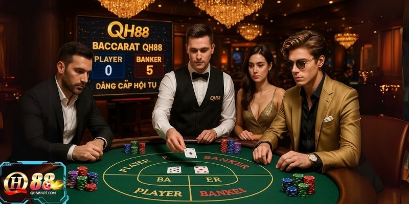 Không khí sôi động tại bàn Baccarat QH88 – nơi hội tụ những tay chơi đẳng cấp.